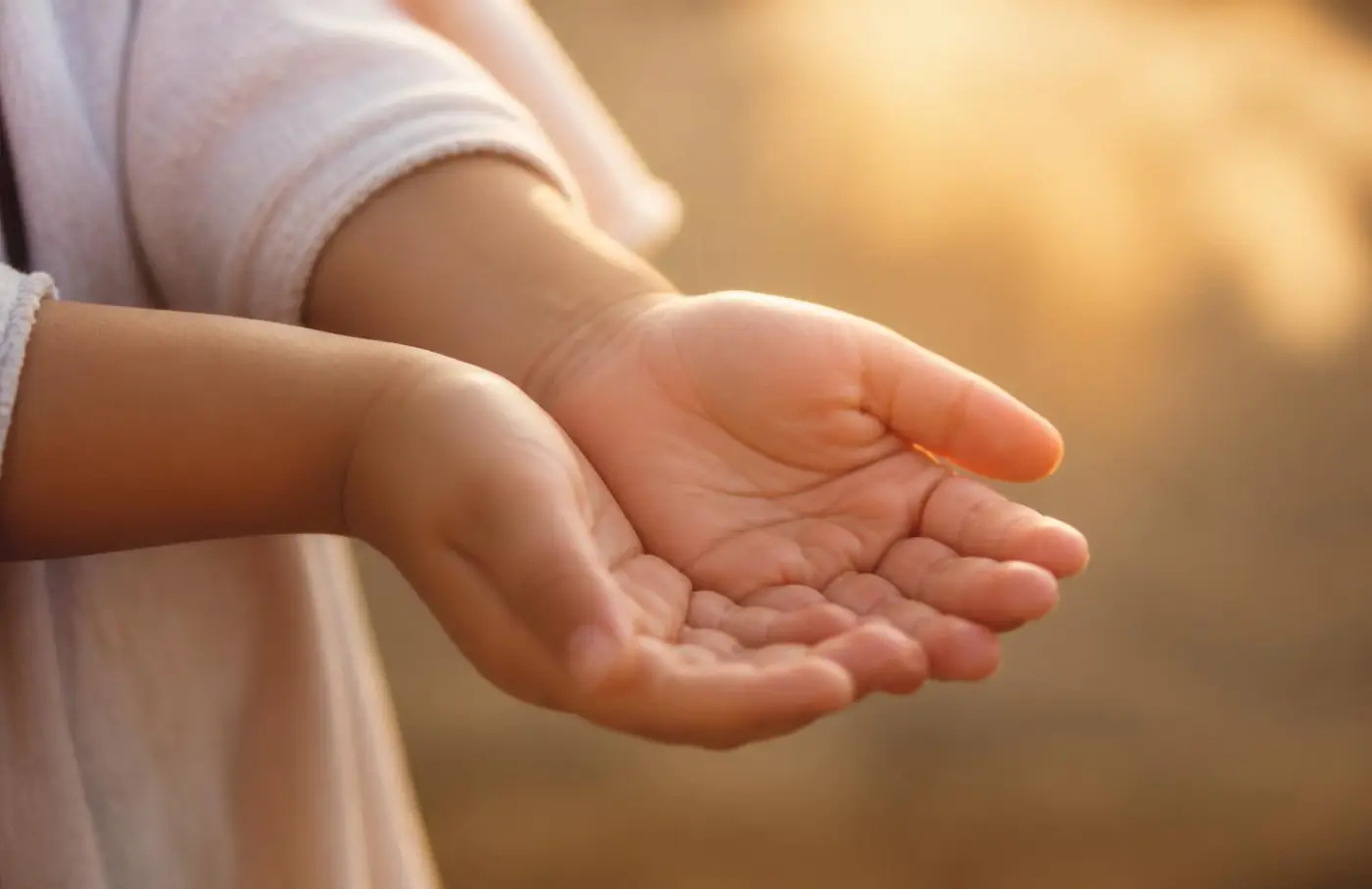 A child's small open, upturned hands held out in warm morning light